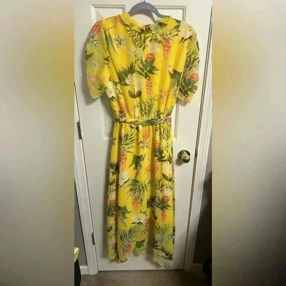 Neiman Marcus Faux Wrap Tropical Print Belted Waist Midi Dress Size Small NWT - Picture 4 of 4